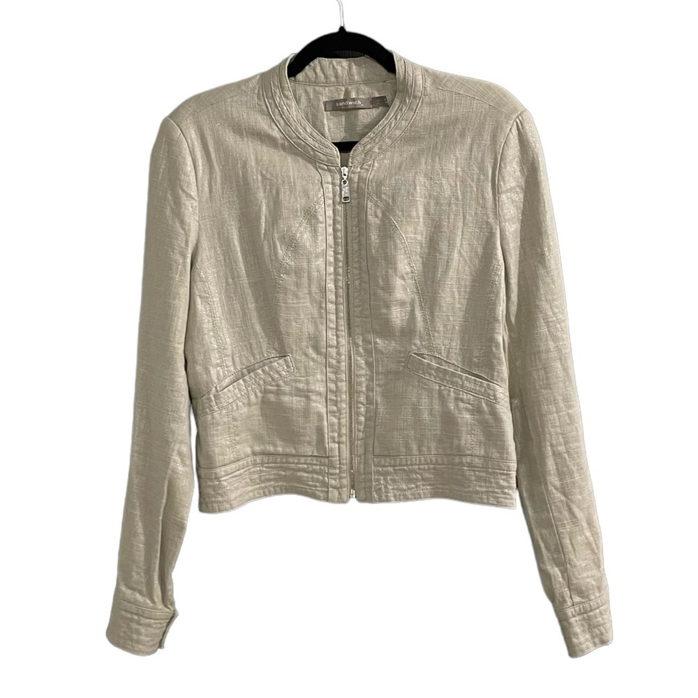 SANDWICH Linen Cotton Zip Front Cropped Lightweight Jacket Tan 40